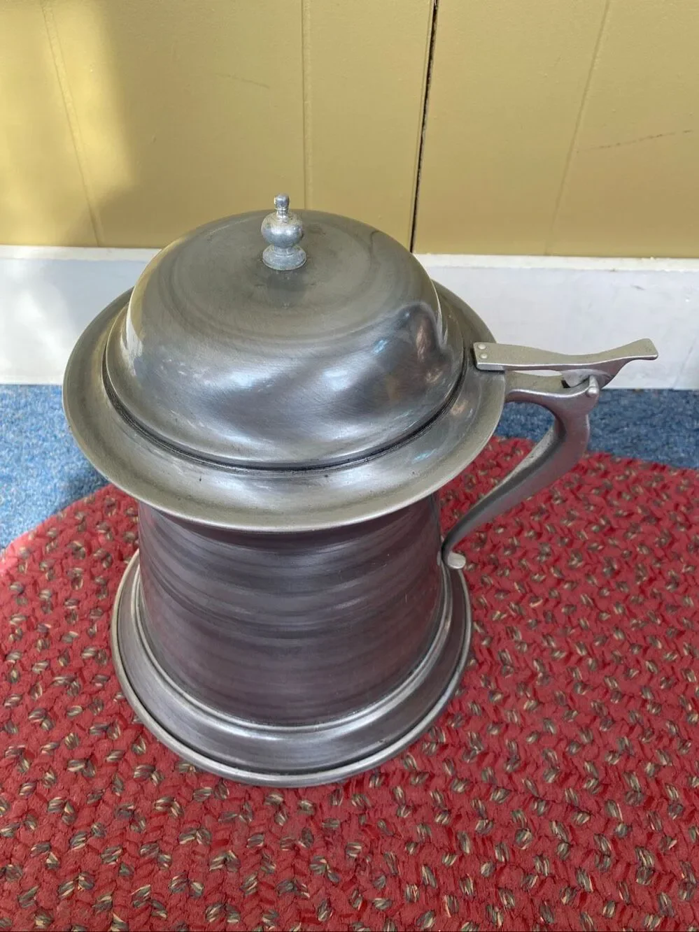Giant vintage pewter insulated tankard with flip top lid and plastic insert